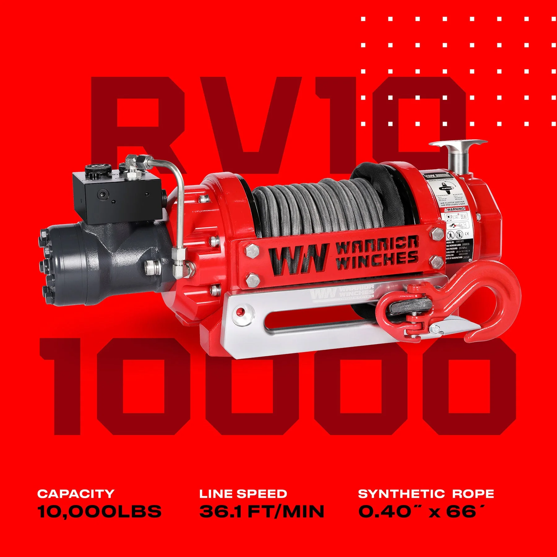 RV10 10,000lb (4.5 Ton) Industrial Hydraulic Winch - Synthetic Rope - Image 3
