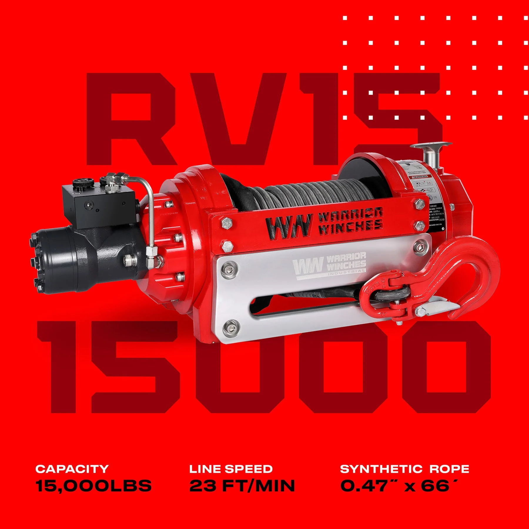 RV15 15,000lb (6.8 Ton) Industrial Hydraulic Winch - Synthetic Rope - Image 3